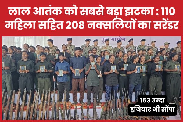 लाल आतंक को सबसे बड़ा झटका : 110 महिला सहित 208 नक्सलियों का सरेंडर, 153 उम्दा हथियार भी सौंपा सरेंडर